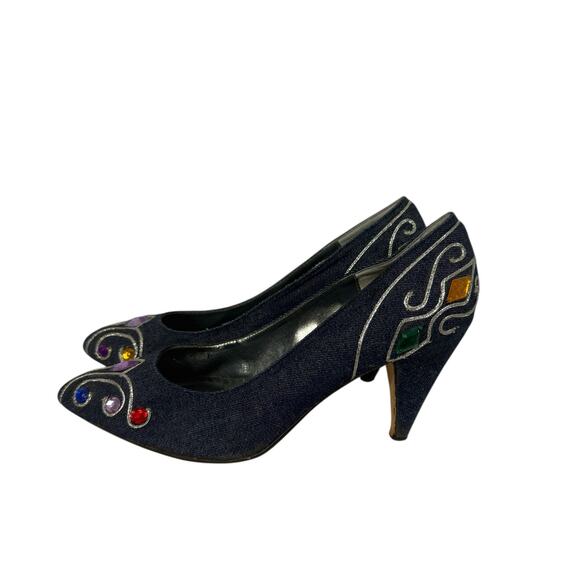 VIntage 80s Glitter Bedazzeled Jeweled Denim J. Renee heels 8.5 N - Picture 6 of 9